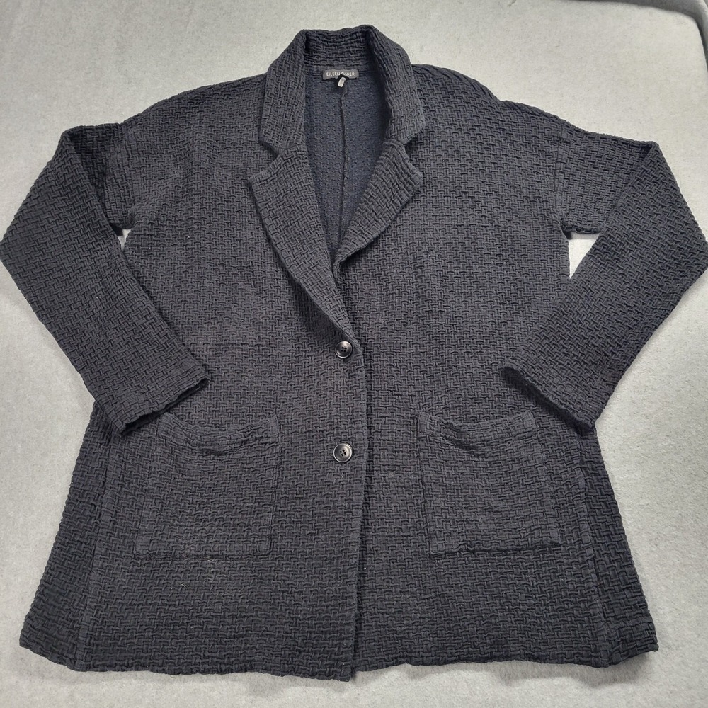 Eileen Fisher Black Textured‎ Puckered Weave Blazer Jacket Tencel Cotton Small
